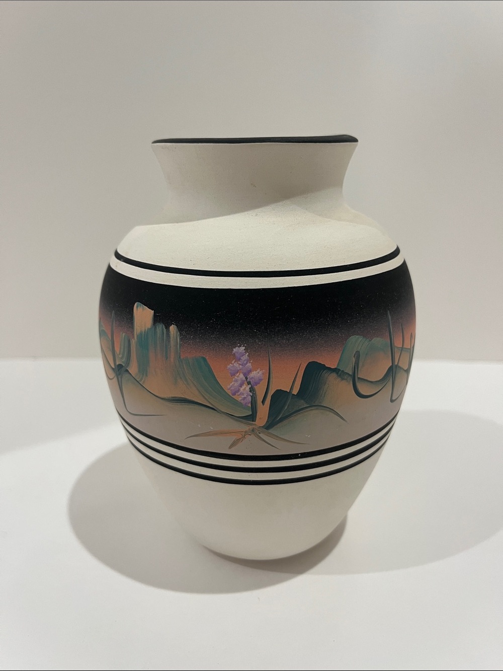 Vintage New West Pottery Handmade/Hand Painted Desert Scene 6” Tall Ceramic Vase